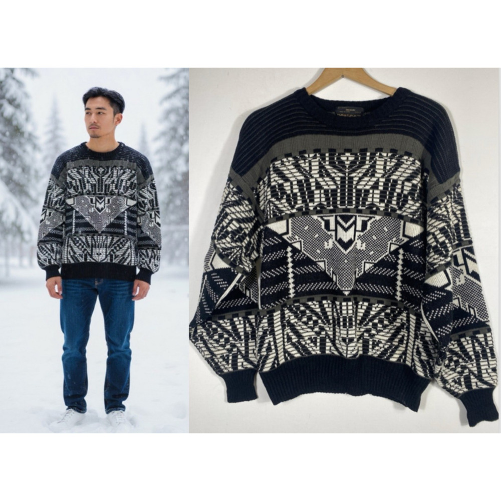 Vintage 90s Abstract Sweater Black & White Size Medium Mens Acrylic Cabincore